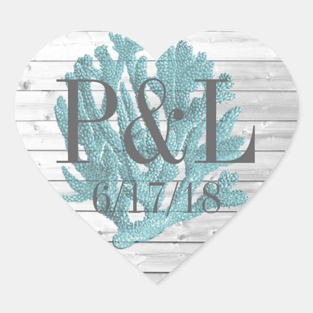 Adesivo Coração Madeira personalizada e palitos de coral de praia (Frente)