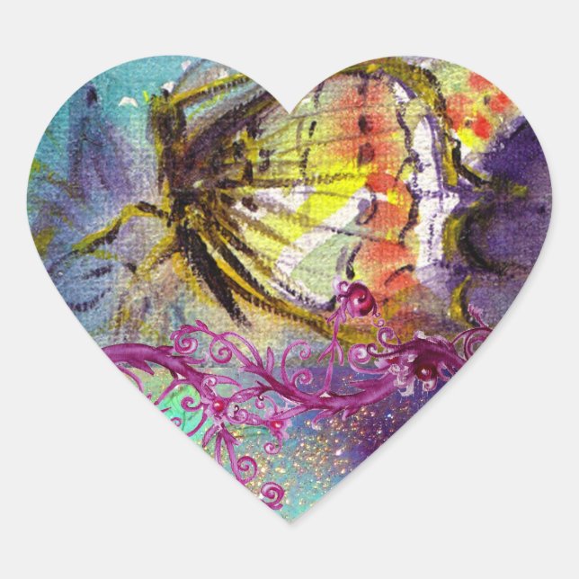 Adesivo Coração MAGIC BUTTERFLY EM PEDAÇOS Flores AZUIS cor-de-ros (Frente)