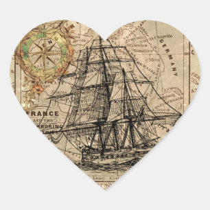 Adesivo Coração Mapa e navio antigo do General France