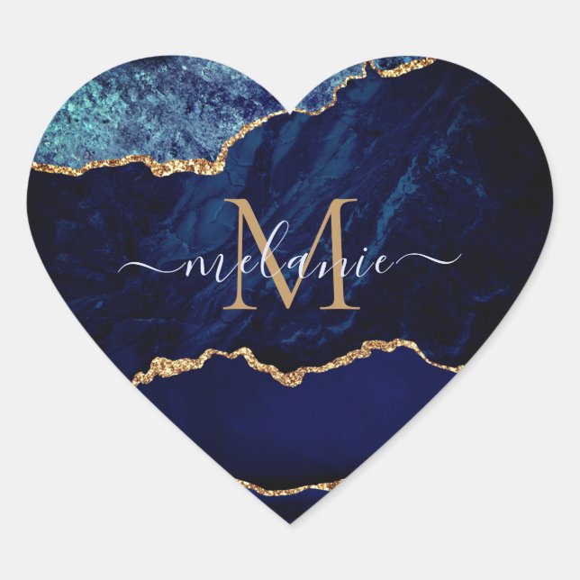 Adesivo Coração Marinho Agate Blue Dourado Marble Name Letter Stic (Frente)