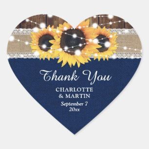 Adesivo Coração Marinho Blue Wood Burlap Lace Sunflower Wedée