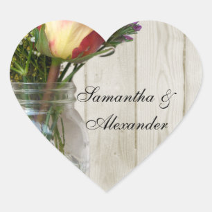 Adesivo Coração Mason Jar w/Rosa e flores selvagens