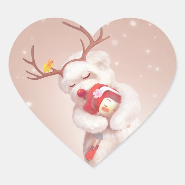 Adesivo Coração Menina abraçando cachorro em Reindeer Antlers (Frente)