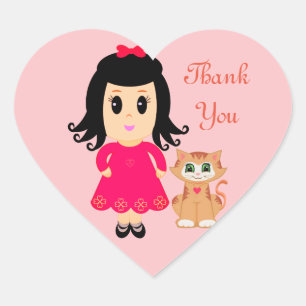 Adesivo Coração Menina fofa & um gatinho ruivo em rosa Obrigado
