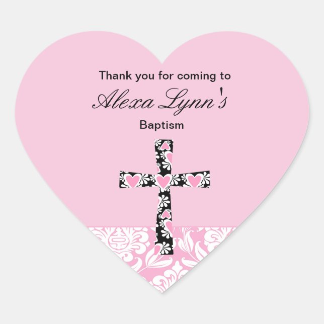 Adesivo Coração Meninas do Damasco Rosa BatismoObrigado (Frente)