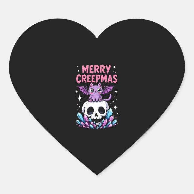 Adesivo Coração Merry Creepmas Cat Pastel Goth Christmas Skull T-S (Frente)