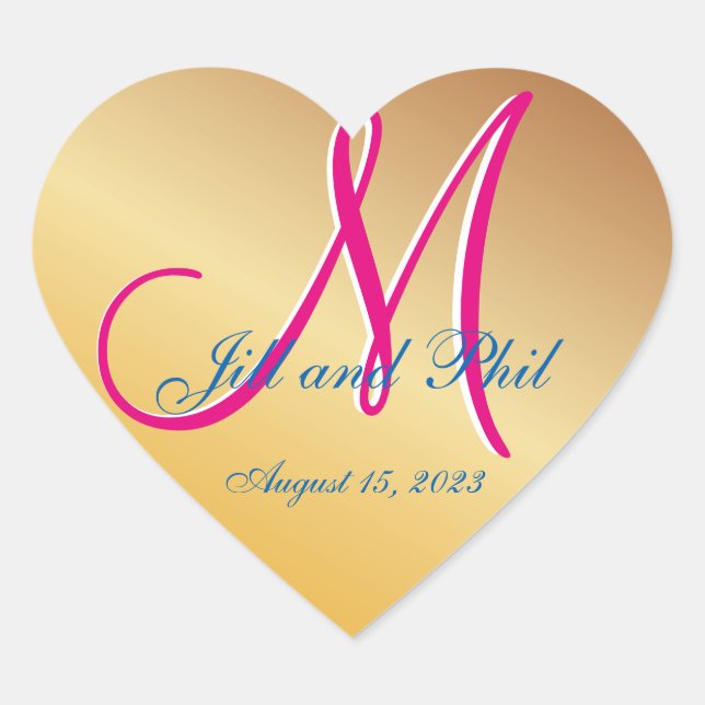 Adesivo Coração Monograma 3d Dourado Amarelo Laranja Damask (Frente)