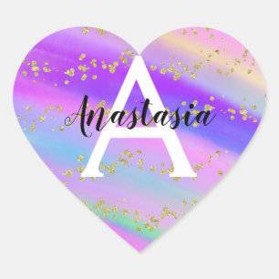 Adesivo Coração Monograma Colorido de Glitter Dourado Unicórnio R