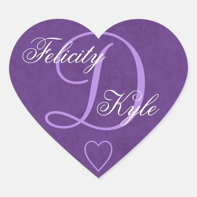 Adesivo Coração Monograma D de Casamento Roxo Real ou B1 Inicial (Frente)