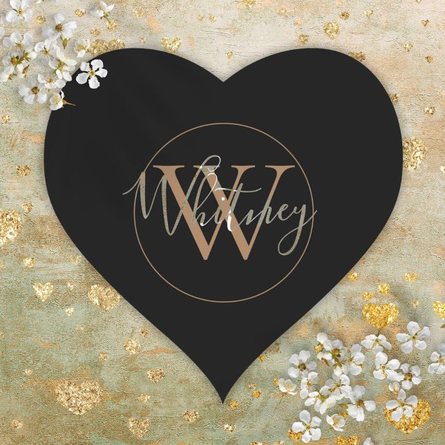 Adesivo Coração Monograma de Nome Simples Preto e Dourado em Letra (Simple Black and Gold Script Monogram Name Heart Sticke)