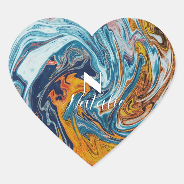 Adesivo Coração Monograma Dourado Azul Elegante (Frente)