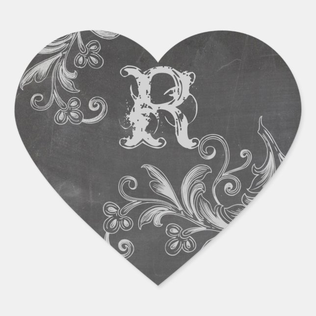 Adesivo Coração Monograma Floral de Chalkboard (Frente)