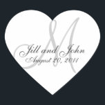 Adesivo Coração Monograma Nomes Data Casamento Vinhetas de Selagem<br><div class="desc">Monogramas Stickers by Elke Clarke ©2008-11 Mais designs disponíveis em WhiteWhimsicalWedding.com. Personalize com suas informações e cores. Use para selar envelopes nos convites para o casamento, adesivos para o casamento ou etiquetas de caixa de bolo ou até etiquetas de garrafa de vinho. Escolha entre várias formas adesivas de excelente também....</div>