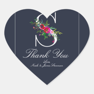 Adesivo Coração Monograma S Última Inicial Moderno Floral Azul Cas