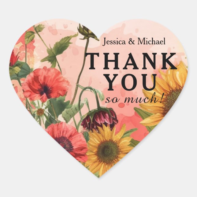 Adesivo Coração 🌻 Muito obrigado, Petais Sunny e Scarlet Blooms (Frente)