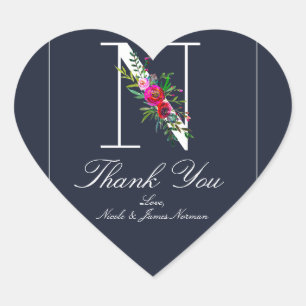 Adesivo Coração N Monograma Último Casamento Floral Azul Moderno 