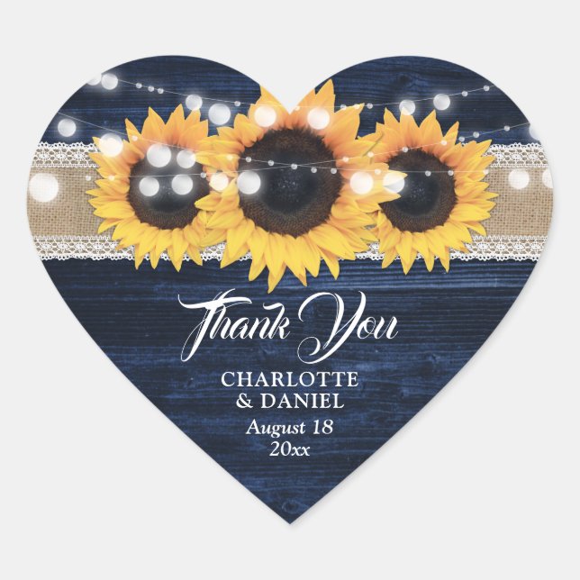 Adesivo Coração Navy Blue Wood Burlap Lace Sunflower Wedding Favor (Frente)