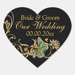 Adesivo Coração Noivado preto Dourado do casamento da borboleta