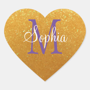 Adesivo Coração Nome e Monograma DIY, Brilho Dourado, Branco, Roxo