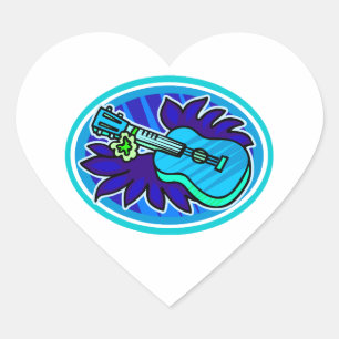 Adesivo Coração O Ukulele com folhas e as flores circundam, azul