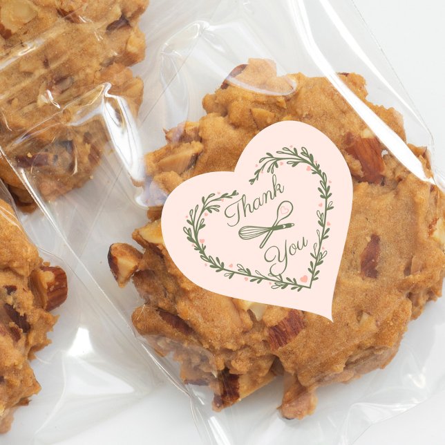 Adesivo Coração Obrigado Bake Bakery Wreath Whisk Spok (Thank You Cake Bakery Business Wreath Whisk Spoon Heart Sticker)