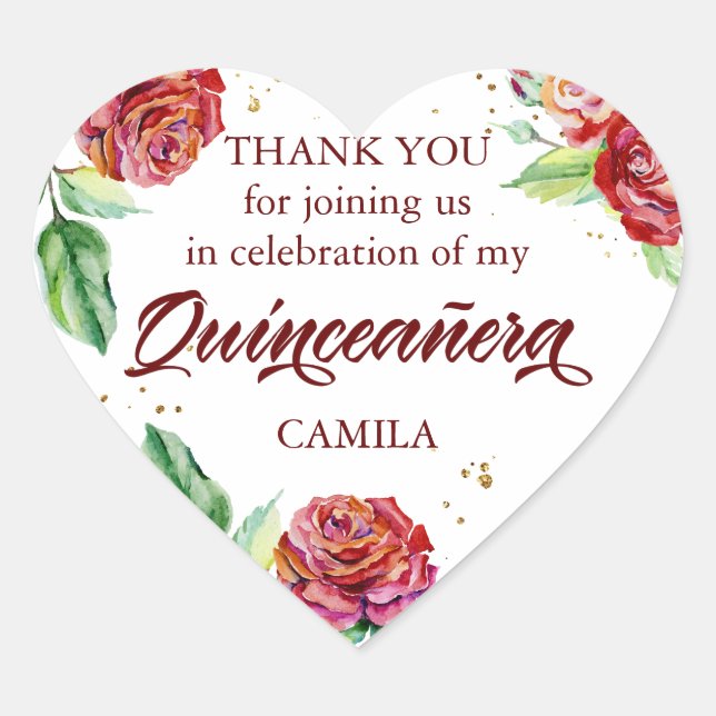 Adesivo Coração Obrigado Red Dourada Floral Watercolor Quinceanera (Frente)