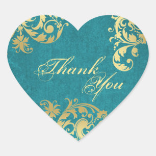 Adesivo Coração Obrigado Seal - Casamento Floral Teal E Dourado