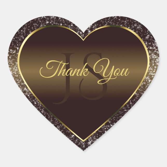 Adesivo Coração Ouro Castanho com Iniciais de Glitter Muito Obriga (Frente)