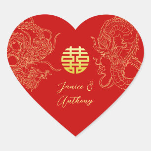 Adesivo Coração Ouro vermelho dragão fênix casamento chinês