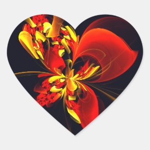 Adesivo Coração Padrão de Arte Abstrata Floral Amarelo Vermelho Mo