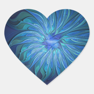Adesivo Coração Padrão de Fantasia de Flor Azul, Arte Fractal Abst