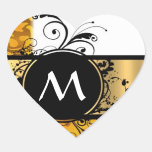 Adesivo Coração padrão do monograma amarelo ouro