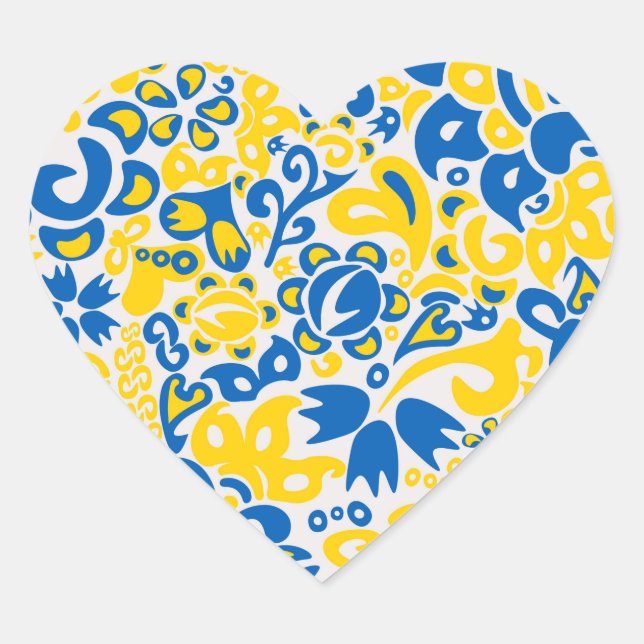 Adesivo Coração Padrão Folclore com cores de bandeira ucraniana (Frente)