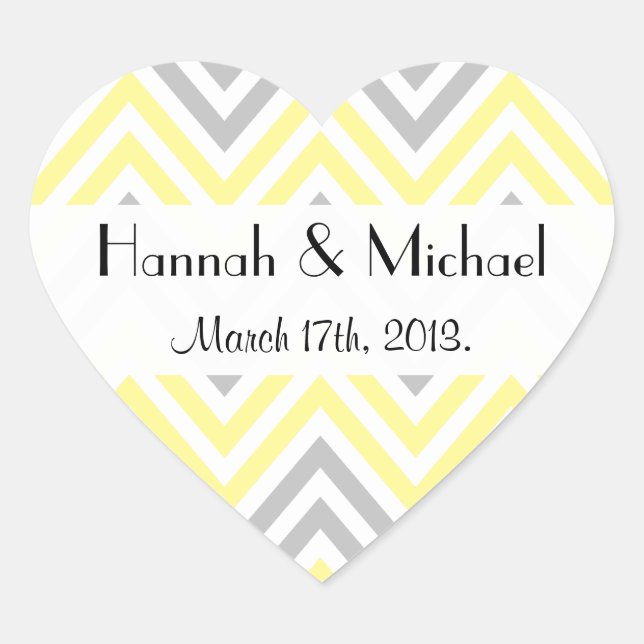 Adesivo Coração Padrão Zig-zag, Chevron, Amarelo, Cinza, Casamento (Frente)