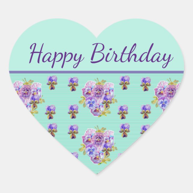 Adesivo Coração Pansy Flower Aqua Stripe Mãe floral Feliz Aniversá (Frente)