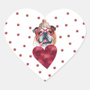 Adesivo Coração Patas Vermelhas Rosadas Cachorro Bulldog Inglês Di