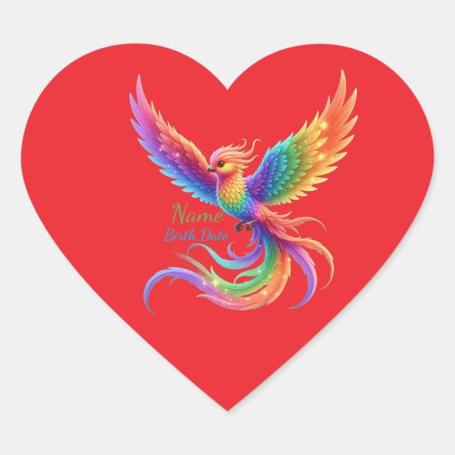 Adesivo Coração Personalized Rainbow Phoenix Name Birthdate Gift (Frente)