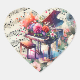 Adesivo Coração Piano e Flores de Aquarela