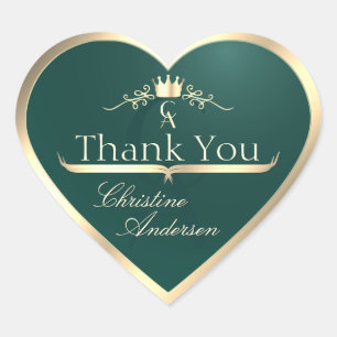 Adesivo Coração Pine Teal com Quadro Dourado e Monograma Obrigado