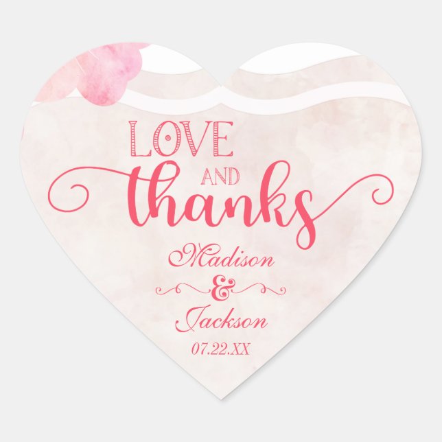 Adesivo Coração Pink Blush Watercolor Casamento Amor & Obrigados F (Frente)