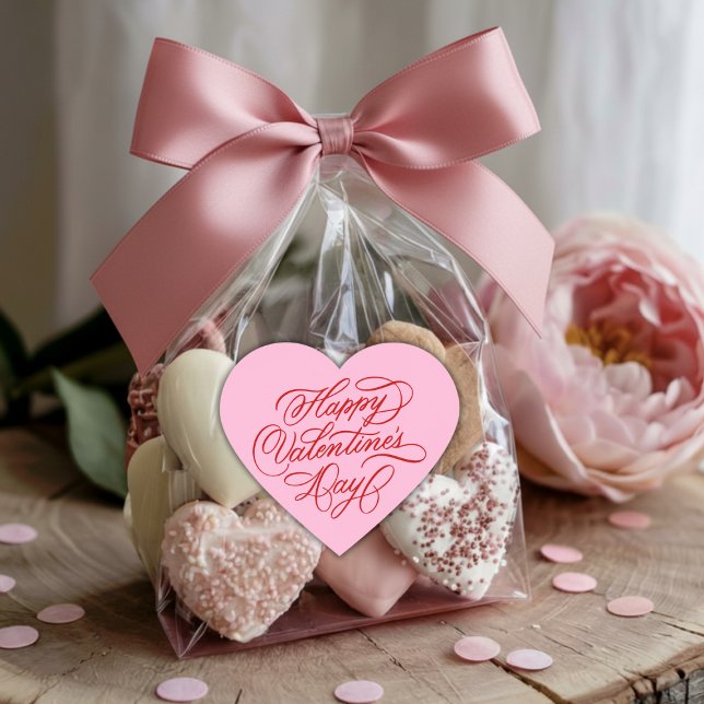 Adesivo Coração Pink & Red Happy Valentines Day Calligraphy  (Criador carregado)