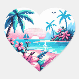 Adesivo Coração Pixel Art Ocean Pink and Blue Tropical Art