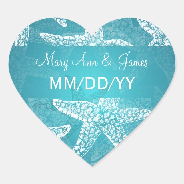 Adesivo Coração Praia Casamento Data Starfish Azul (Frente)