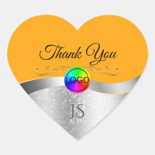 Adesivo Coração Prata ondulada laranja com monograma Obrigado