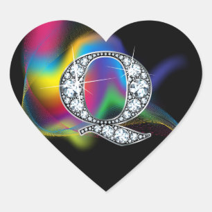 Adesivo Coração "Q" Diamond Bling no Rainbow Swirl Heart Sticker