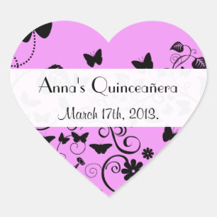 Adesivo Coração Quinceanera - Borboletas, Insetos - Preto Rosa