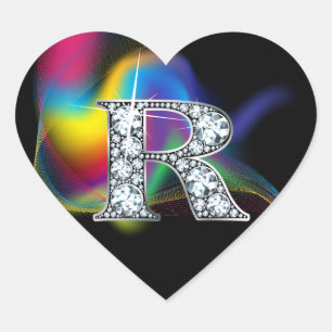 Adesivo Coração "R" Diamond Bling no Rainbow Swirl Heart Sticker