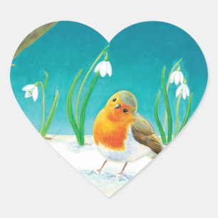 Adesivo Coração Red Robin Bird e Snowdrops Ilustração