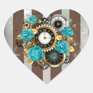 Adesivo Coração Relógio Steampunk e Rosas Turquesa em Listras