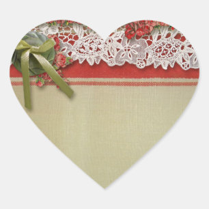 Adesivo Coração Rosa Antiga em Renda Rustic Red Vitoriana em Lona